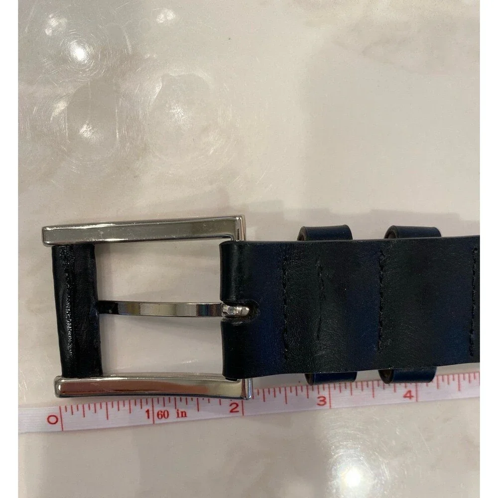 Like‎ New Mens Split Leather Belt Size Medium Black With Silver Colored Buckle